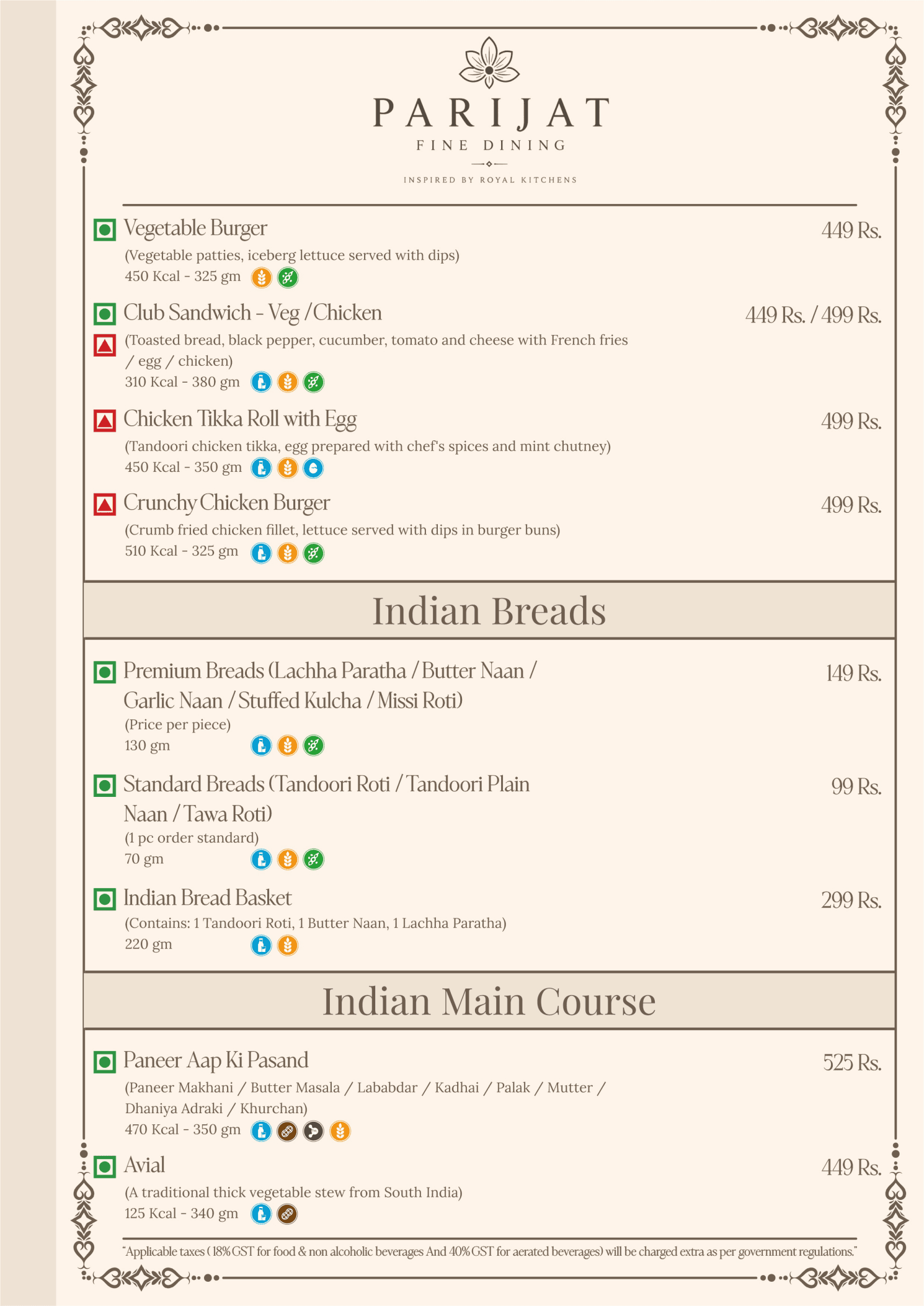 Parijat Fine Dining Menu Page 10