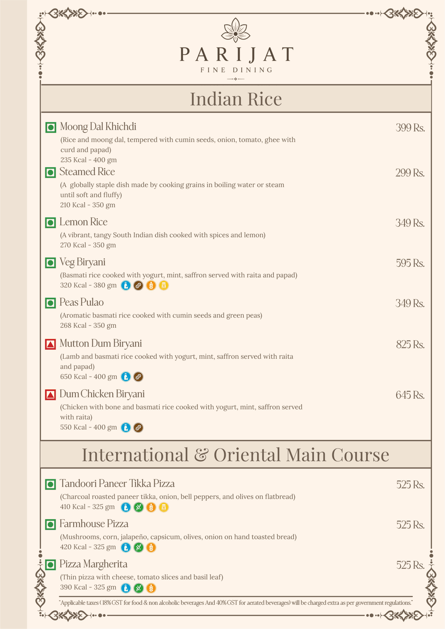 Parijat Fine Dining Menu Page 12