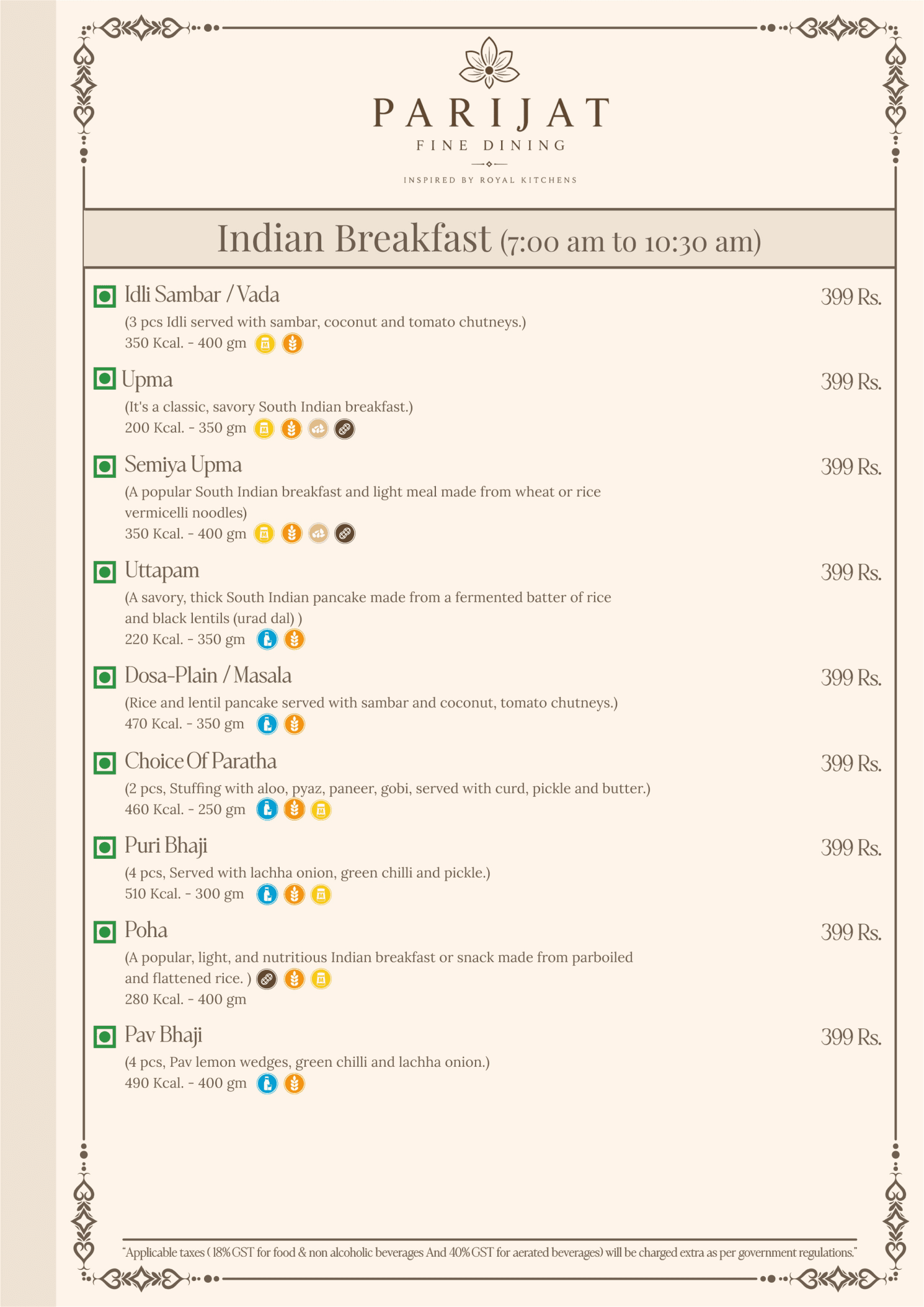 Parijat Fine Dining Menu Page 3