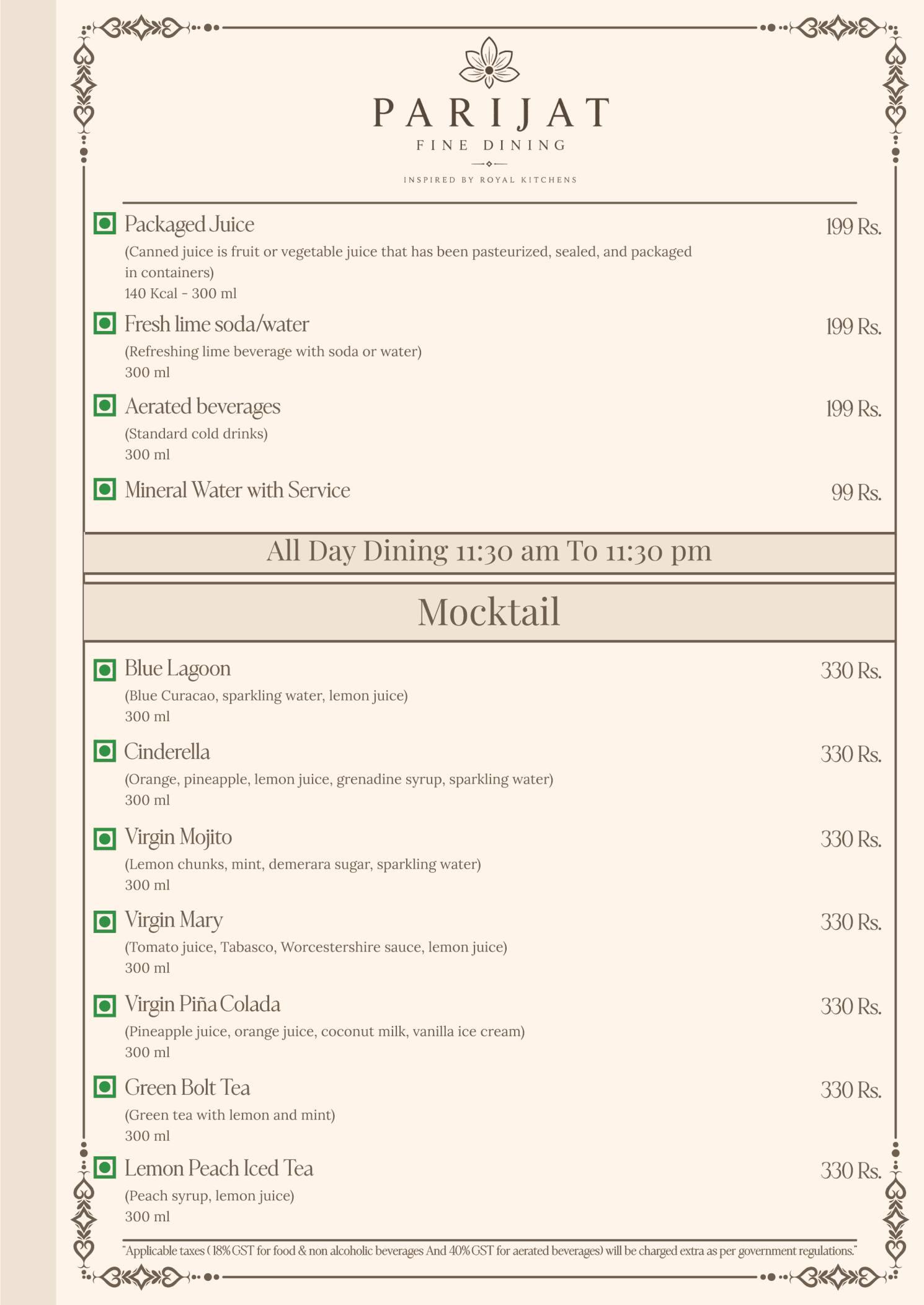 Parijat Fine Dining Menu Page 5